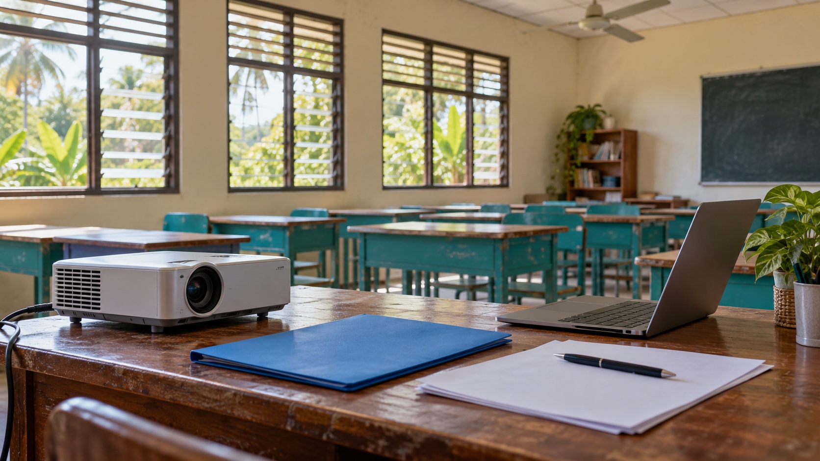 AI-generated illustration of a projector, laptop, blue folder and blank lesson sheets in an imagined empty tropical classroom.