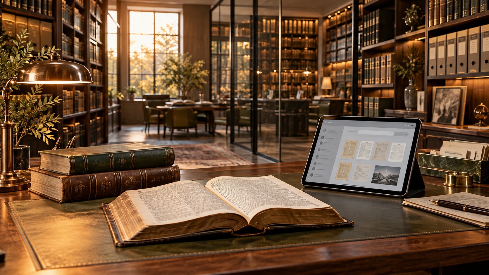 An open Bible and archival volumes beside a tablet showing document thumbnails in a warmly lit library.