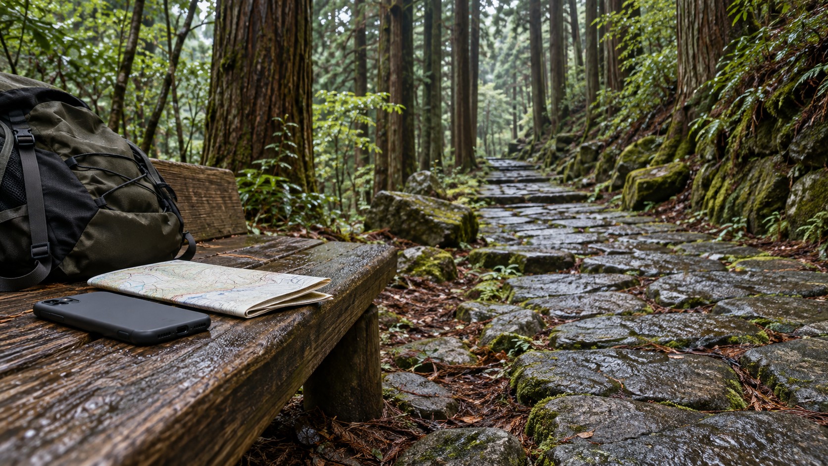 A face-down smartphone, folded map and backpack rest on a wooden bench beside a stone path through a forest.