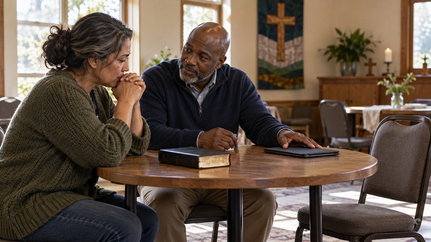 Two adults sit at a table in an imagined church room, with a closed tablet and Bible beside them.