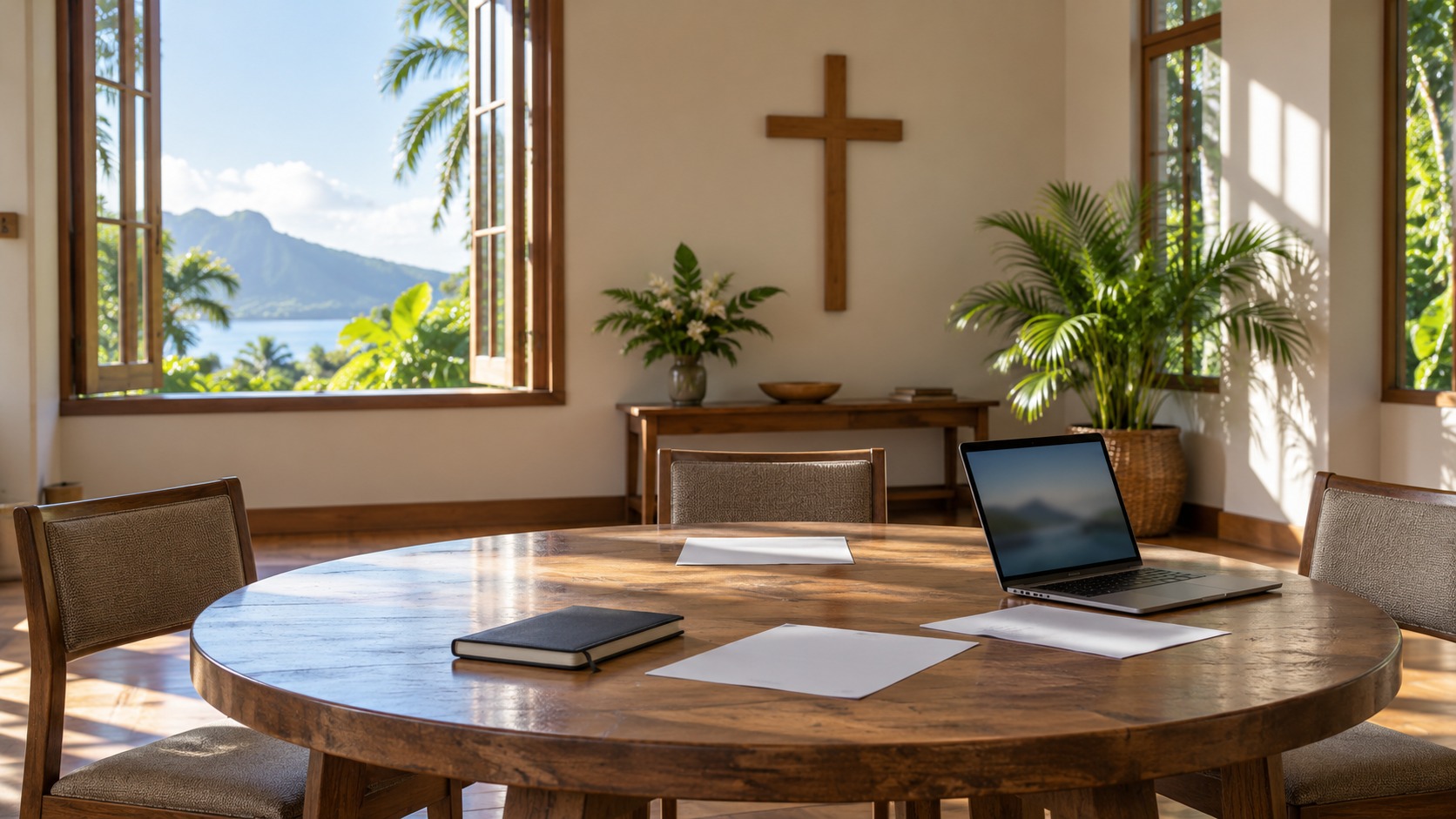 An imagined church meeting room with an empty round table, laptop and notebooks.