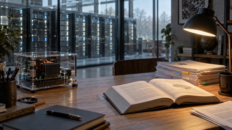Conceptual illustration of computing hardware in a glass case beside an open book and papers, with server racks behind a glass wall.