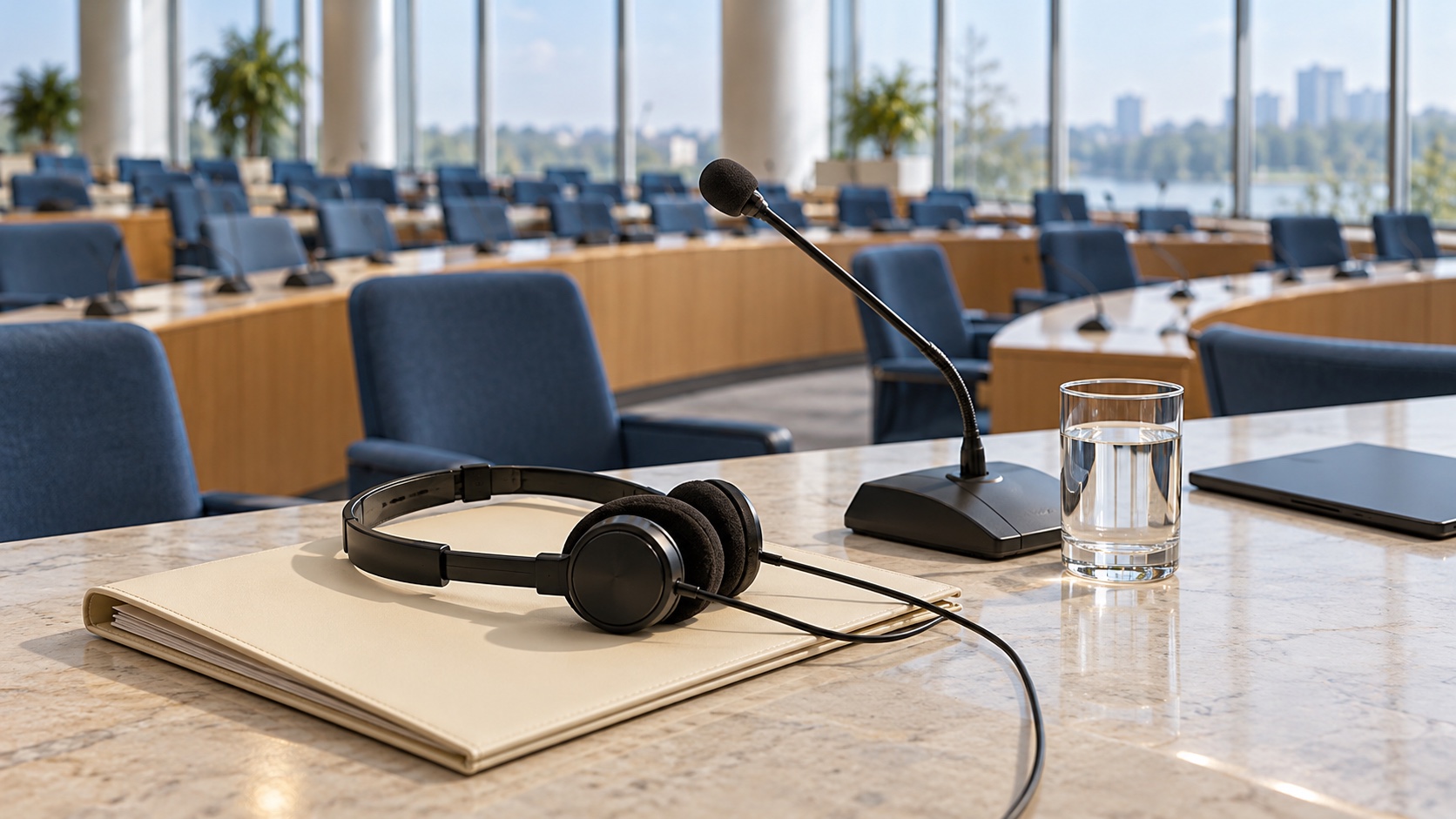 AI-generated illustration of an interpretation headset on a closed folder beside a conference microphone in an imagined empty meeting room.