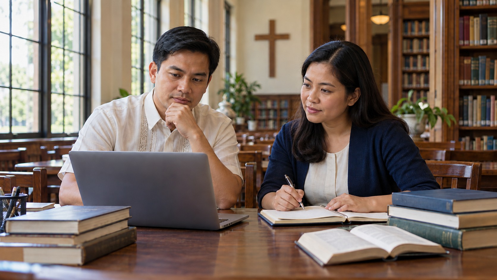 Two imagined Filipino educators review a laptop and notebook at a library table, with books and a wall cross behind them.