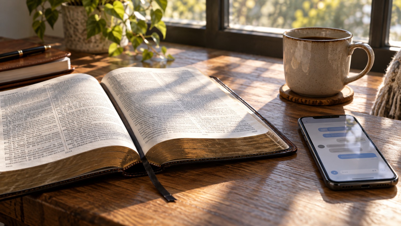 Imagined still life of a Bible and phone at home; an illustration of AI spiritual advice, not a survey participant photograph.