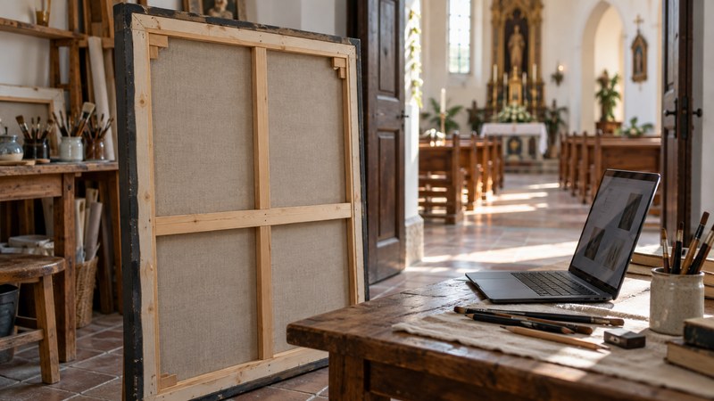 The back of a framed canvas stands beside a laptop and drawing tools in a church-art workspace.