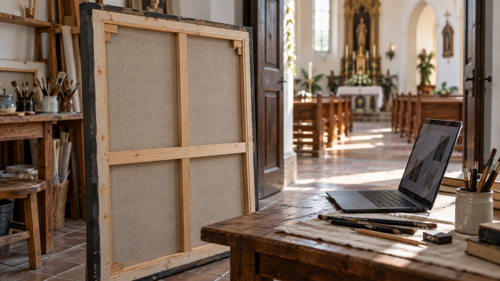 The back of a framed canvas stands beside a laptop and drawing tools in a church-art workspace.