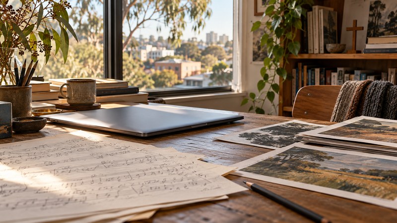 Imagined publishing workspace with music sheets, printed artwork, a closed laptop and pencil, with a small wooden cross on a bookshelf.