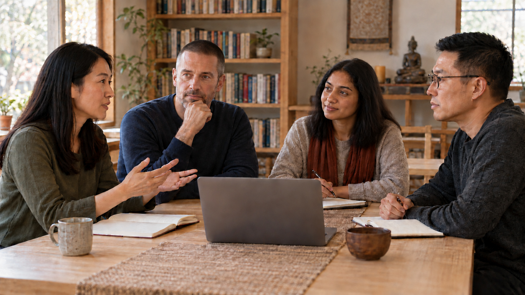 AI-generated illustration of an imagined Buddhist community study group discussing technology around a laptop and notebooks.