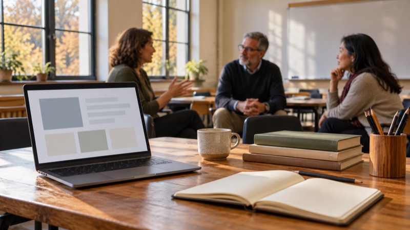 AI-generated illustration of a laptop, blank notebook and books on a desk while three fictional adult educators discuss teaching in an imagined classroom.
