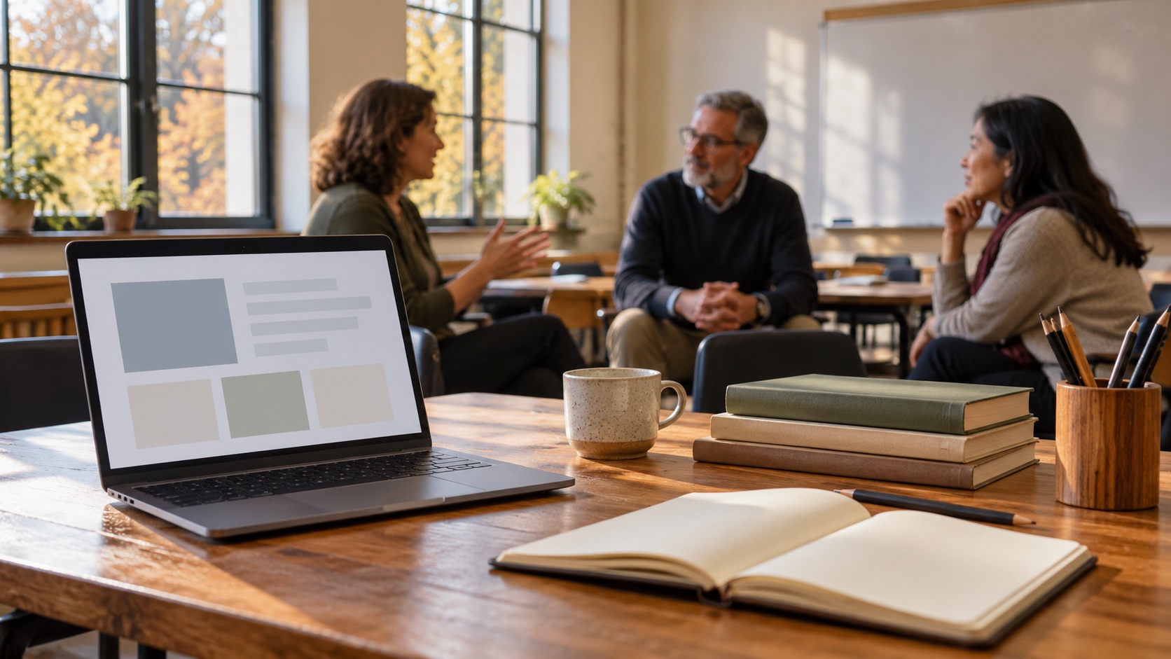 AI-generated illustration of a laptop, blank notebook and books on a desk while three fictional adult educators discuss teaching in an imagined classroom.