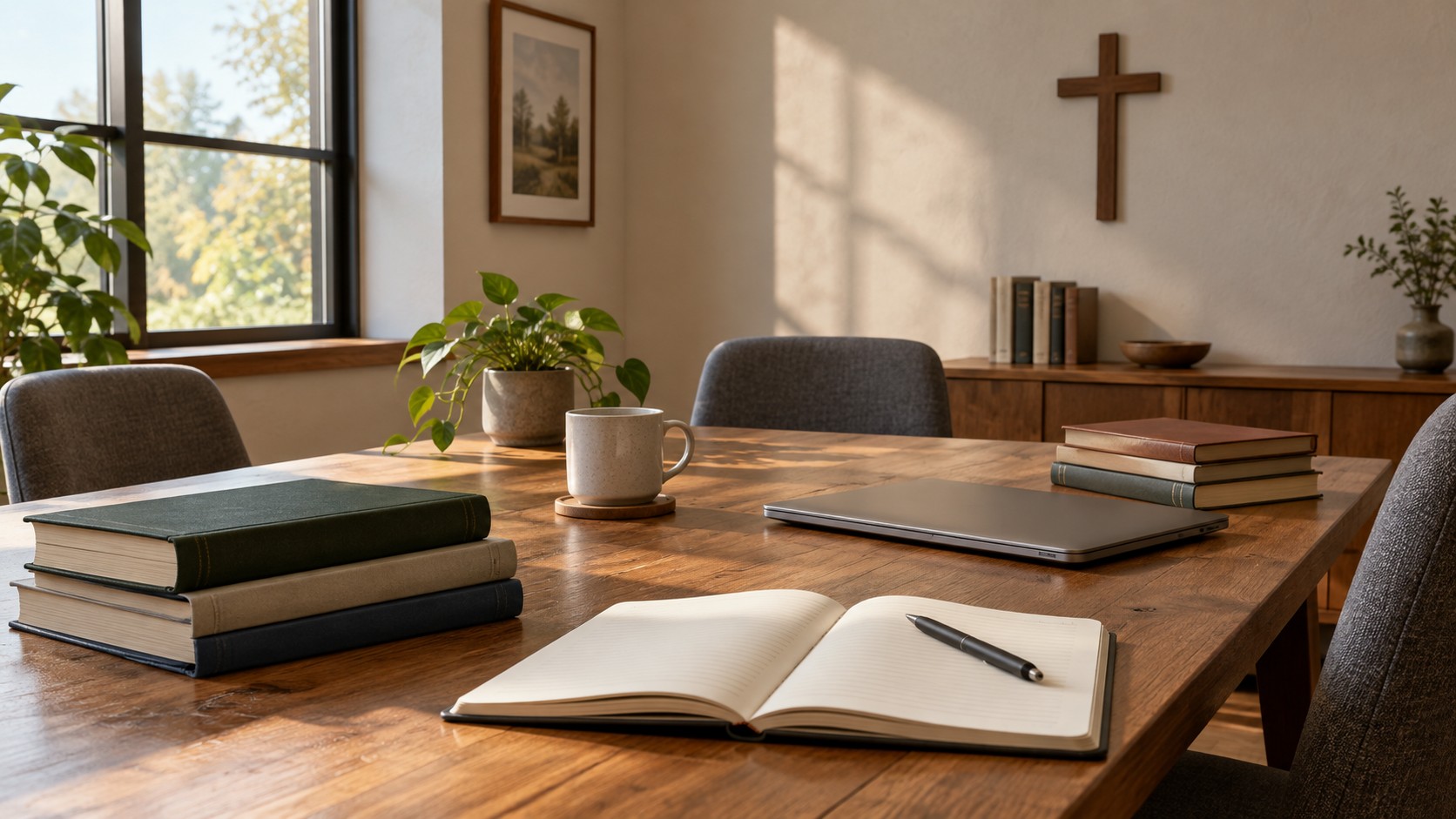 AI-generated illustration of books, an open notebook and a closed laptop on a table in an imagined church meeting room.
