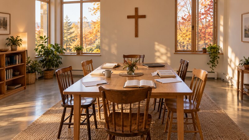 AI-generated conceptual illustration: Empty wooden chairs around a table with open books and a closed laptop in a sunlit church community room.