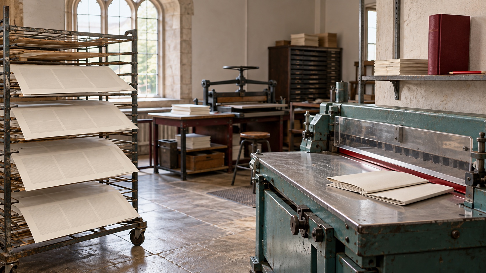 AI-generated illustration of blank magazine proofs on a drying rack beside folded journals and a paper-cutting machine in an imagined print room.