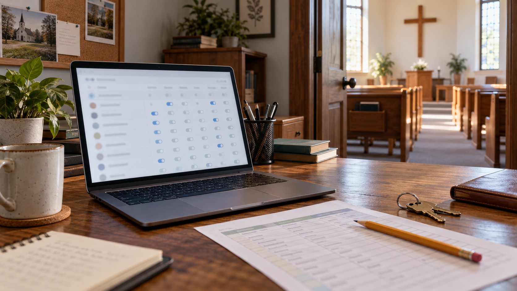 Imagined church office with an abstract laptop permission grid, paper rota, pencil and two keys; empty pews and a wooden cross beyond the doorway.