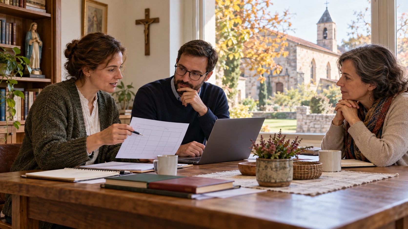Three imagined parish administrators discuss a planning sheet beside a laptop.