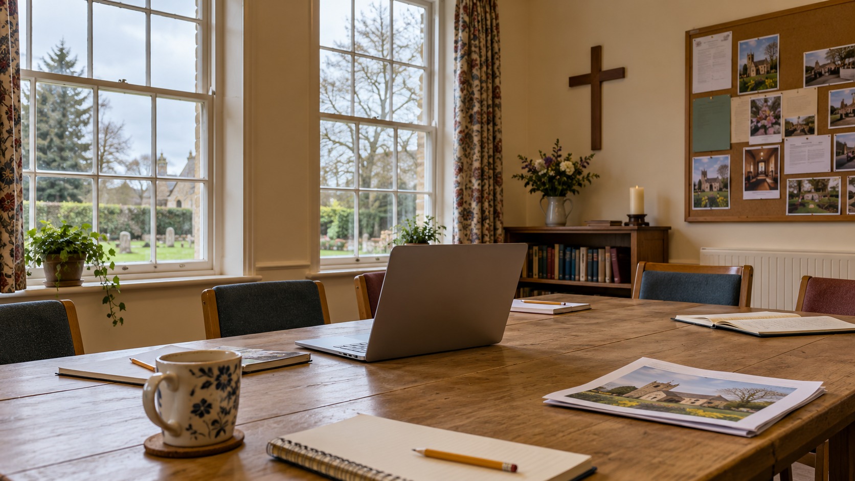 An imagined English parish room with empty chairs, a laptop, notebooks and a church newsletter.