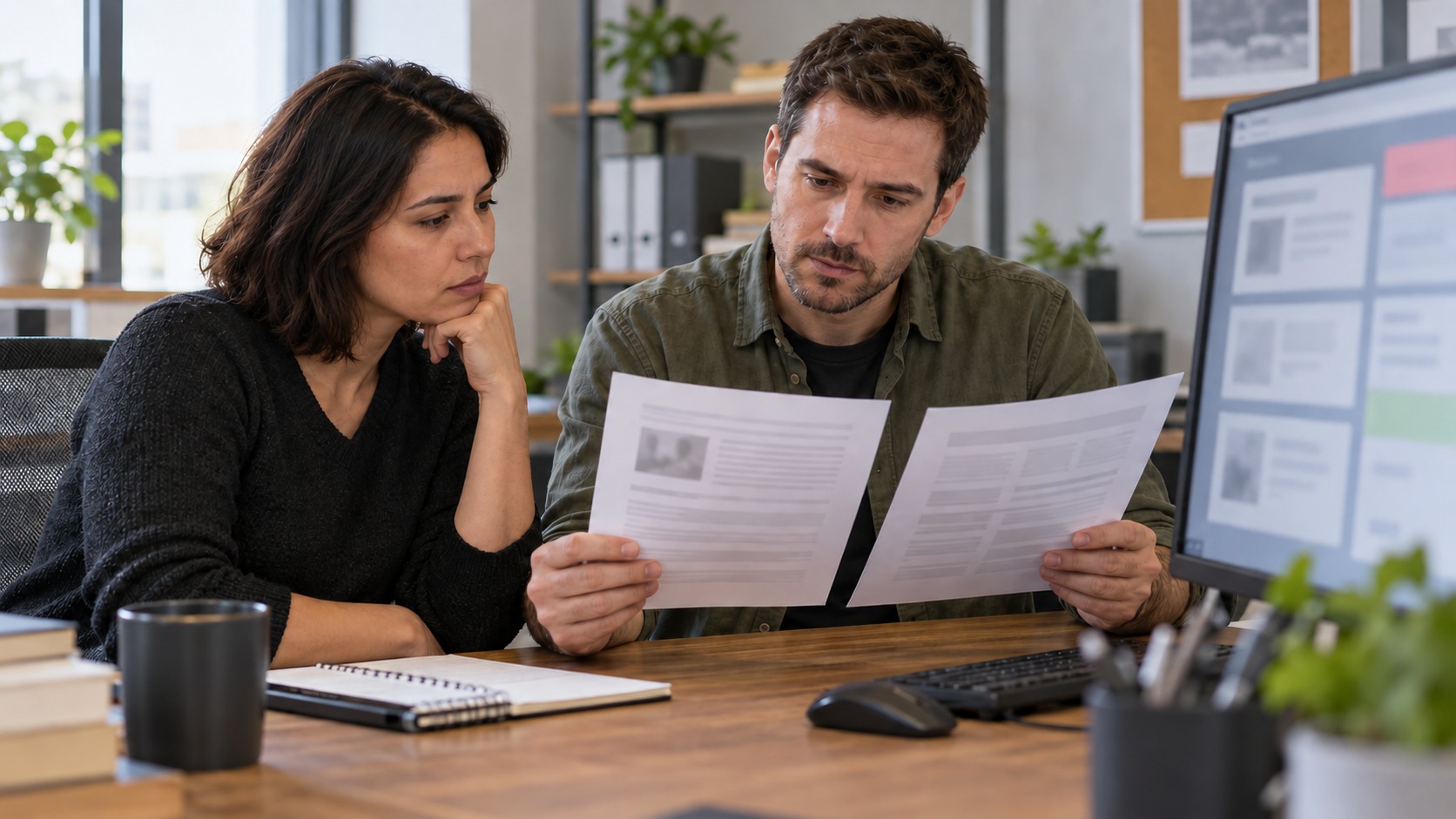 Two imagined adult colleagues compare paper context sheets beside a computer.