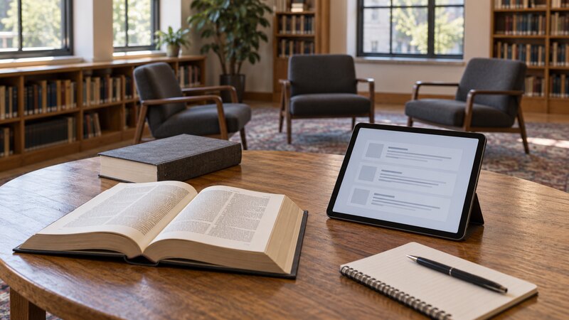 AI-generated conceptual illustration: an open reference book and an unbranded tablet on a table in an imagined university reading room, with three empty discussion chairs behind them.