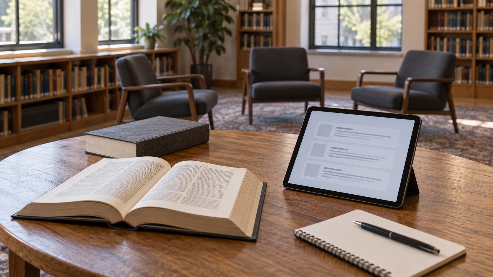AI-generated conceptual illustration: an open reference book and an unbranded tablet on a table in an imagined university reading room, with three empty discussion chairs behind them.
