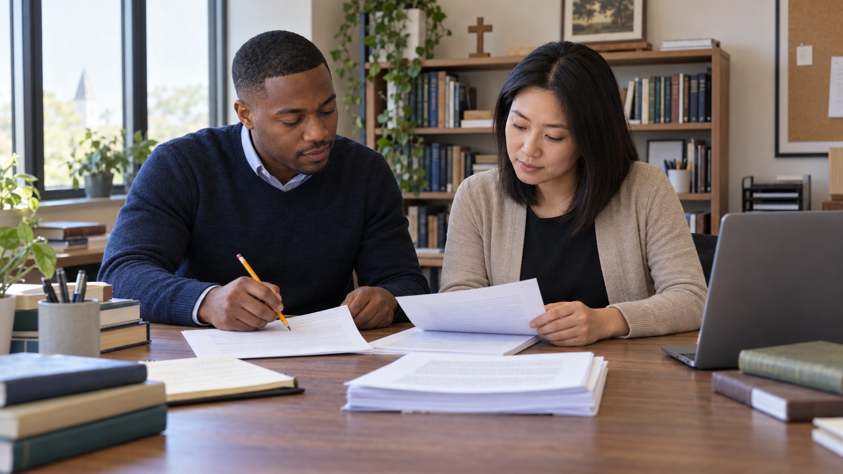 Two adult editors review printed pages with a pencil beside a laptop in an imagined Christian publication office.