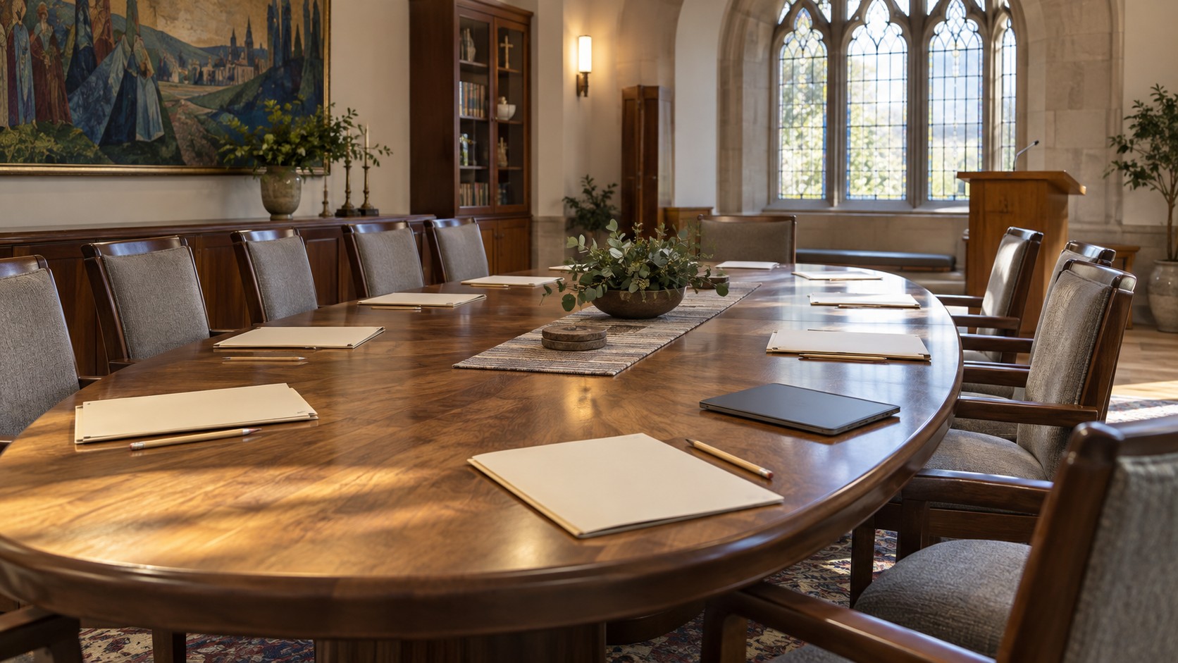 Unmarked folders and pencils are arranged around a table in an empty church meeting room.