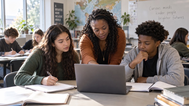 A teacher guiding two students using a laptop and notebooks.