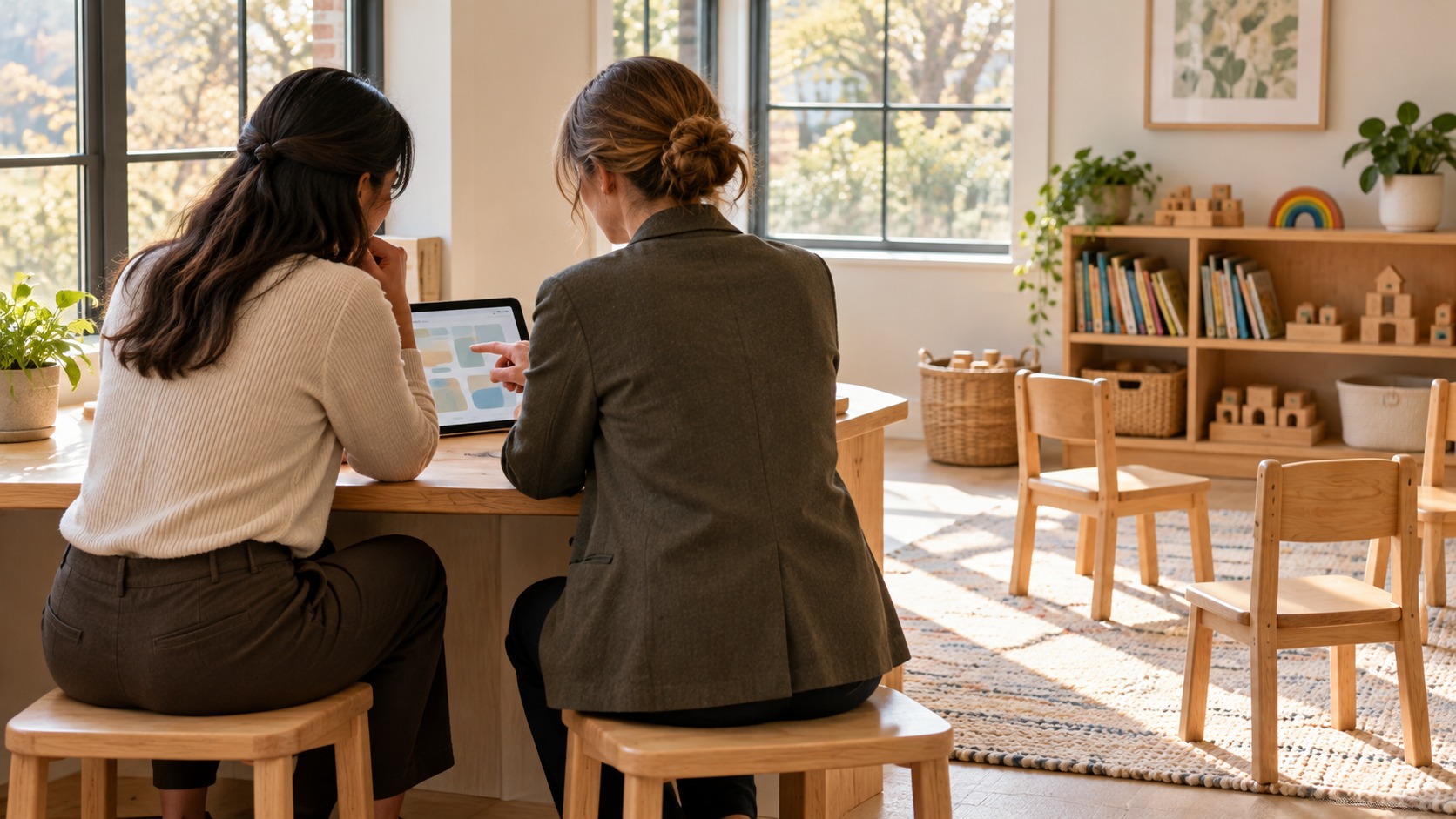 Two adult educators review a tablet in an imagined learning room with empty child-sized chairs and bookshelves.