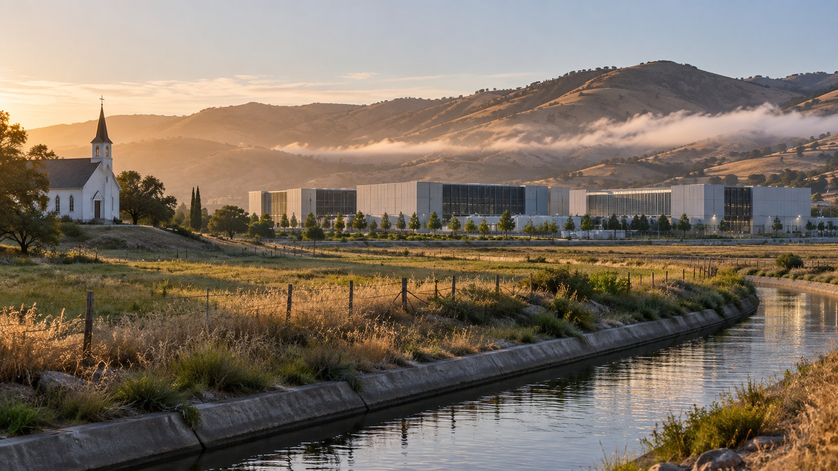 Imagined landscape showing a small church, water canal and modern data-center buildings; not a photograph of a named project.