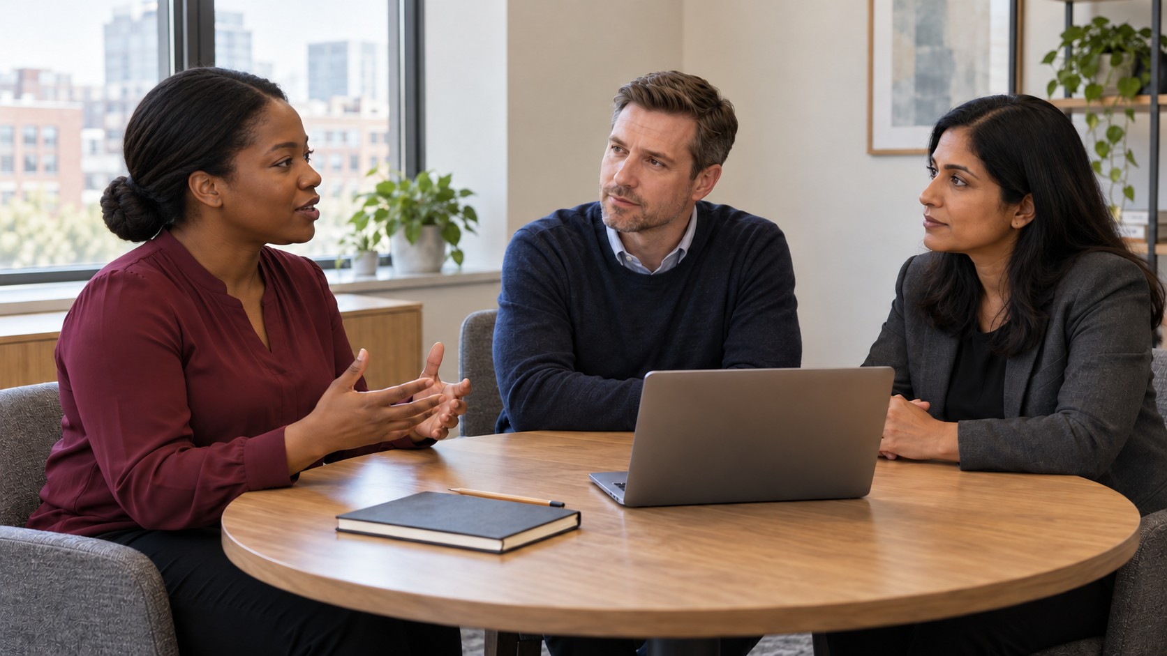 Three adult colleagues discuss a concern around a table with a laptop and notebook.