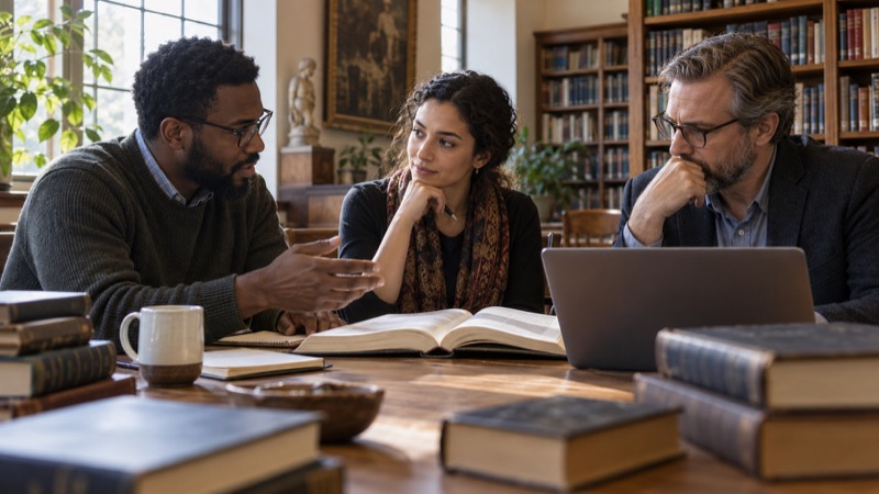 Scholars discussing a book beside a laptop in a library.