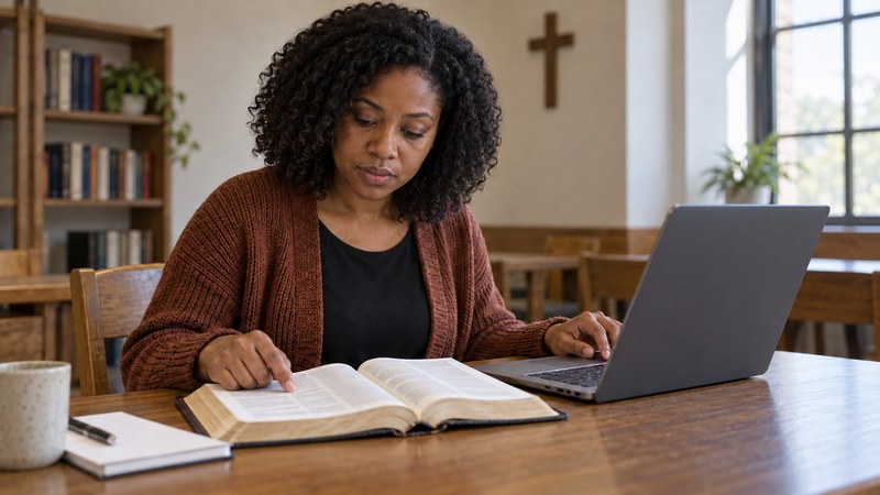 An adult woman compares an open book with a laptop at a study table in an imagined church room.