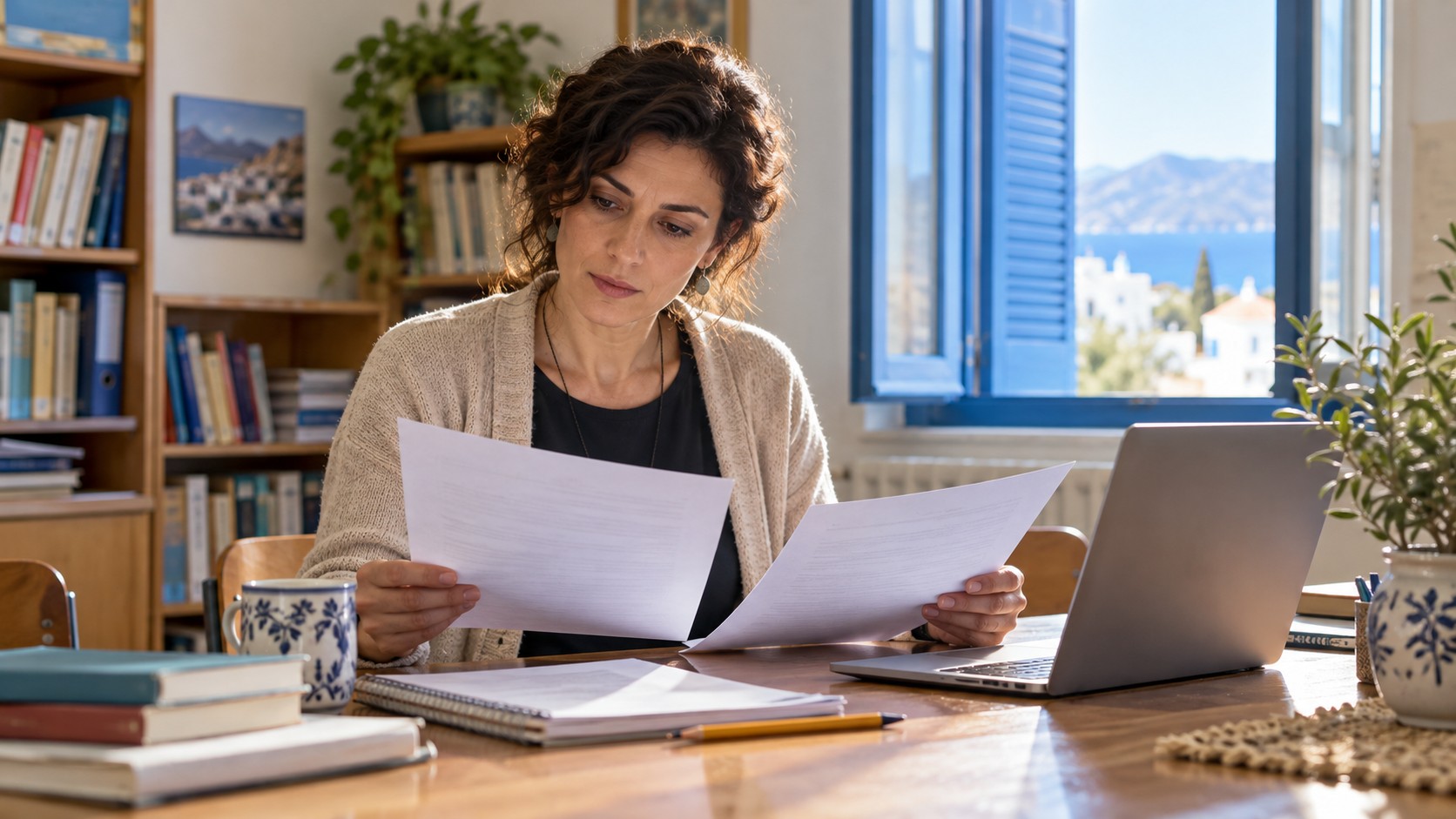 An imagined teacher compares lesson sheets beside a laptop in a Greek staff room.