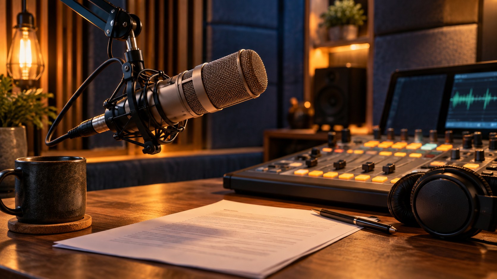 AI-generated imagined radio studio with a microphone, paper script and audio console on a wooden desk.