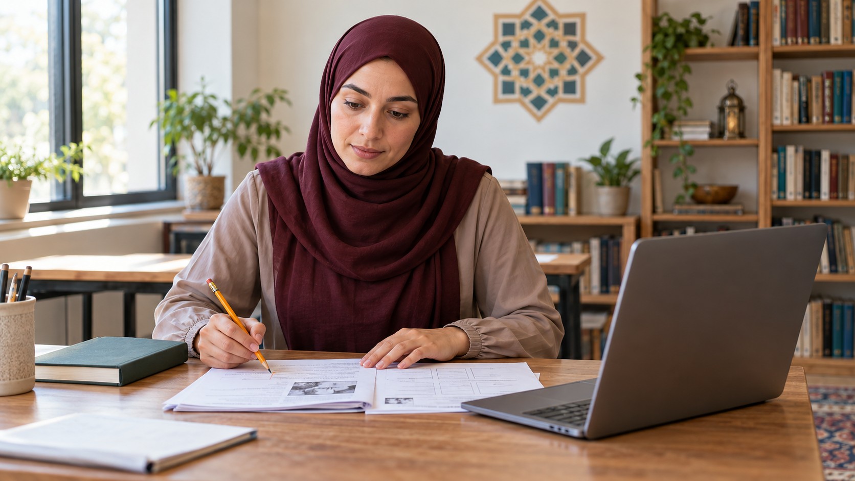 An adult educator in a burgundy headscarf reviews printed learning materials beside a laptop.