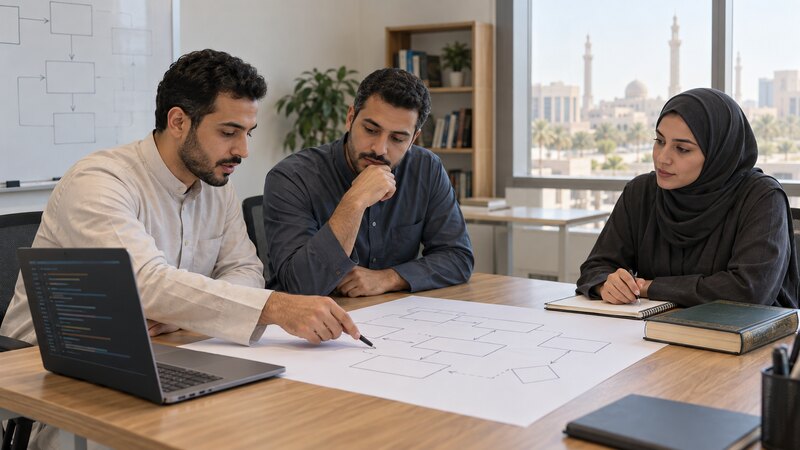AI-generated illustration of three fictional adult researchers reviewing a paper workflow beside a laptop in an imagined workshop.