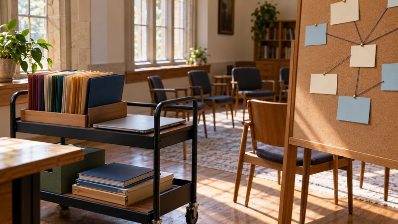 AI-generated illustration of a library cart holding unmarked folders and a closed laptop beside a corkboard in an imagined seminar room.