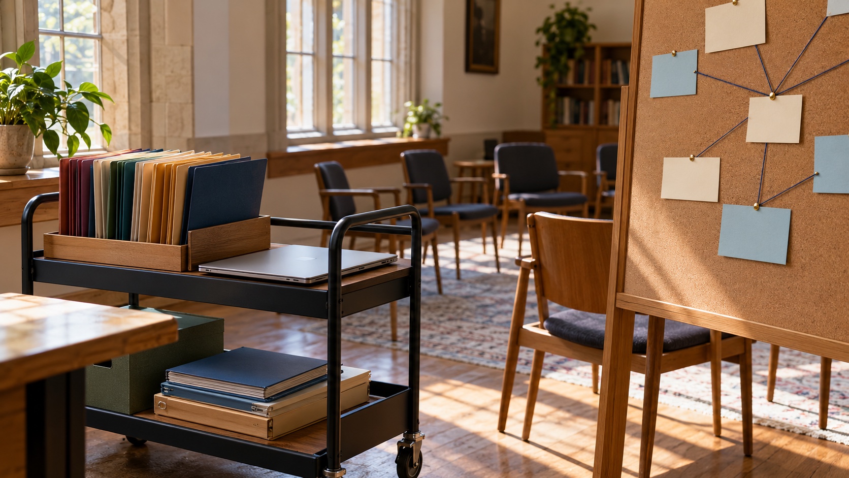 AI-generated illustration of a library cart holding unmarked folders and a closed laptop beside a corkboard in an imagined seminar room.