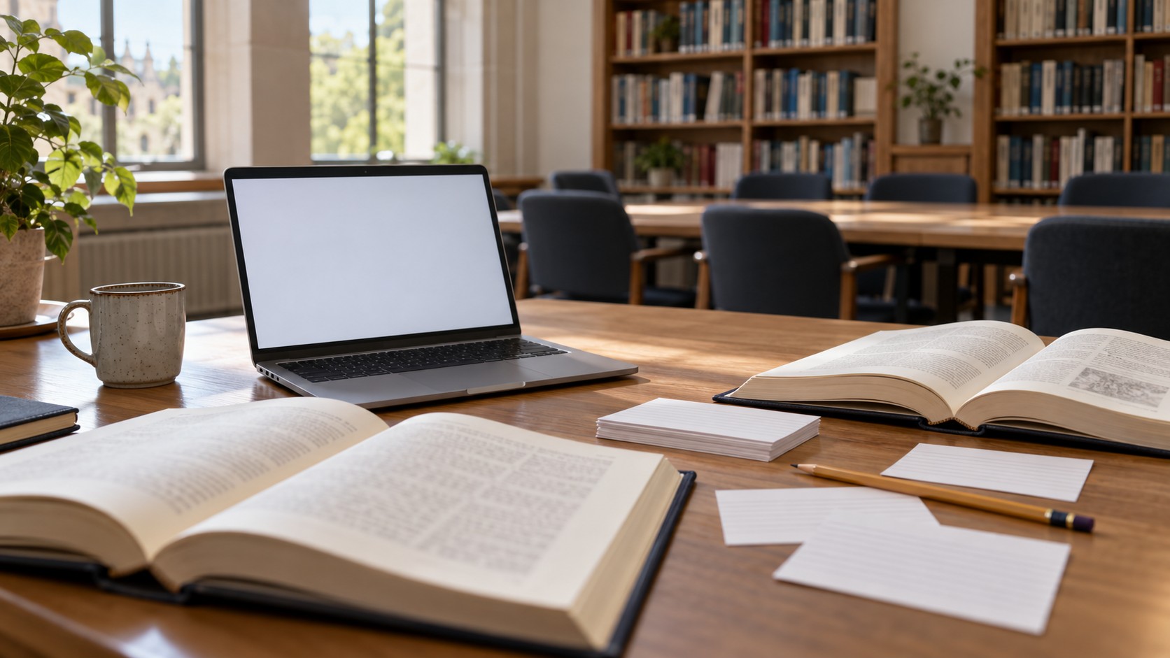 Open books, a laptop and index cards sit on a study table in an empty seminar room.