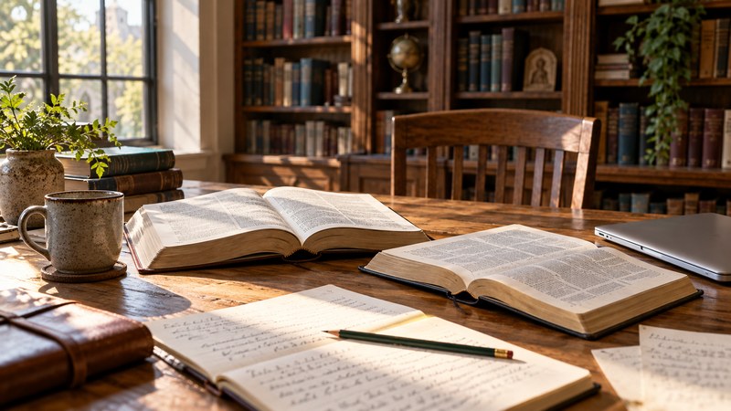 Imagined sunlit study table with open religious books, handwritten notes, a pencil and a closed laptop in front of bookshelves.