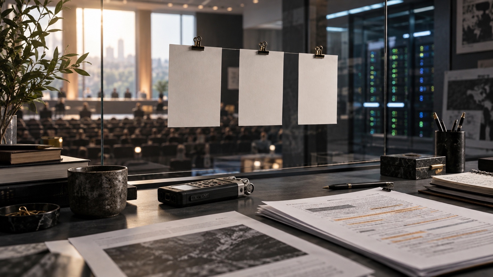 A conceptual research desk with transcripts, recorder and blank cards, overlooking an auditorium and server equipment.