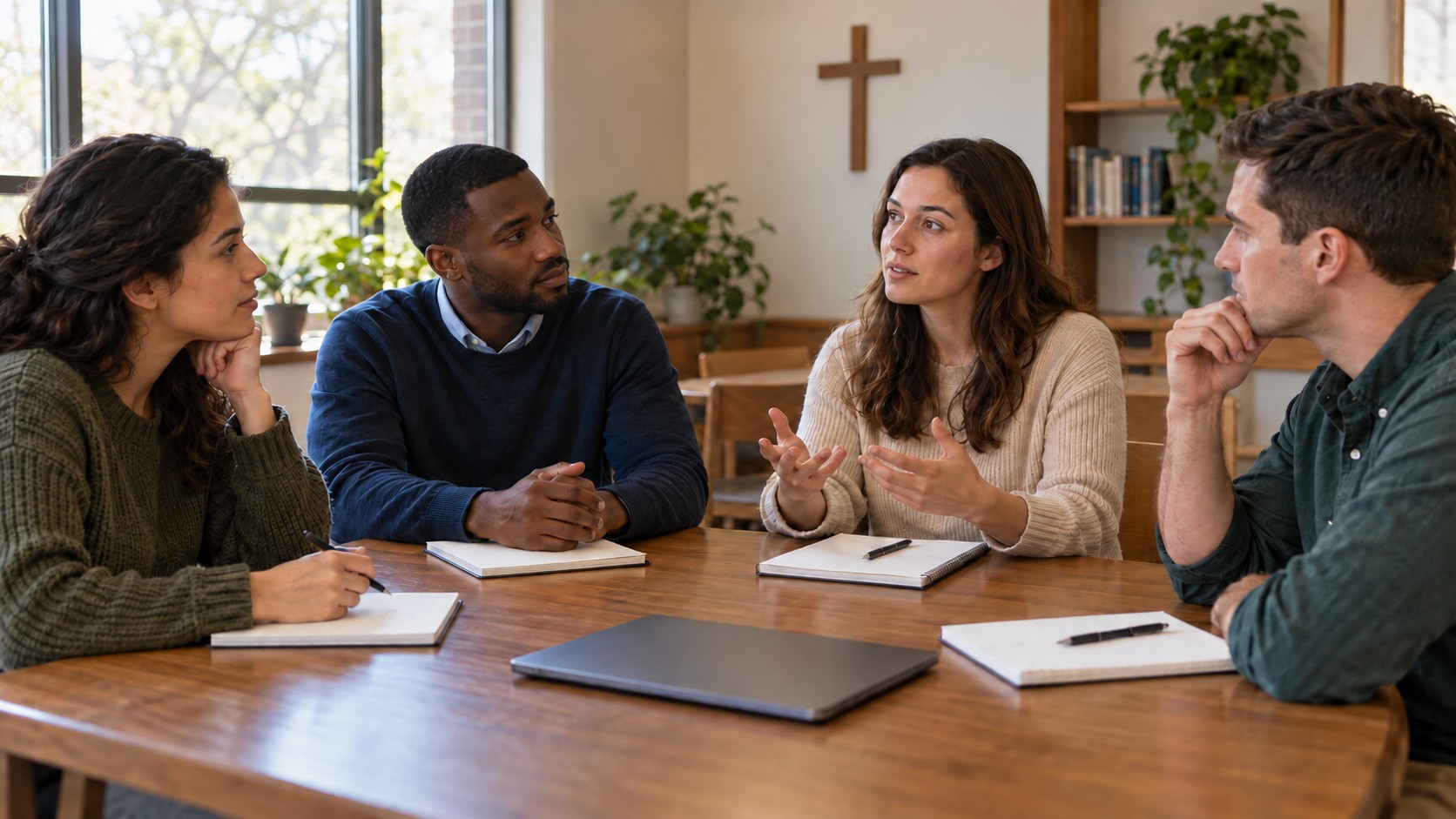 Four adults discuss questions around a wooden table with notebooks and a closed laptop in an imagined church learning room.