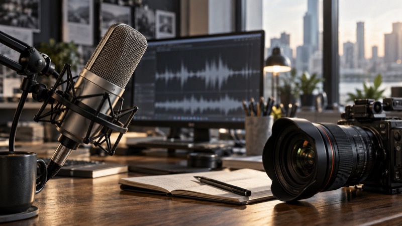A broadcast microphone and camera on a newsroom desk.