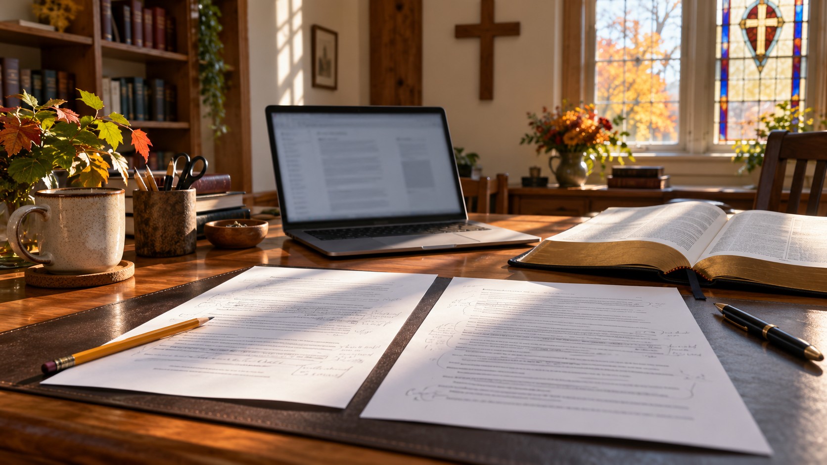 Imagined church-office desk with two annotated drafts, pencil, laptop and open Bible in warm window light.