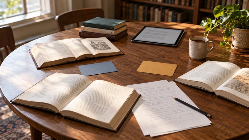 AI-generated conceptual illustration: Open reference books, blue and ochre conversation cards, pencil notes and a tablet on a shared wooden table.