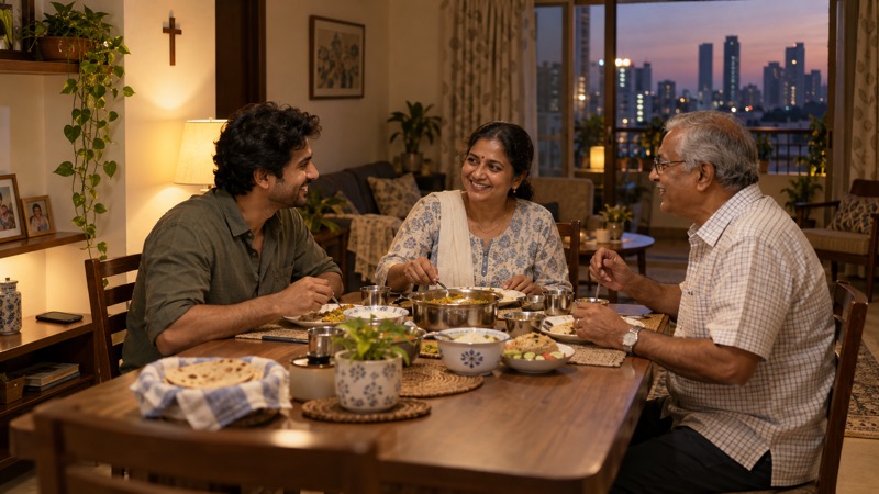 Three adults of different generations talk over a meal in an imagined family apartment, with a small wall cross and city buildings beyond the window.