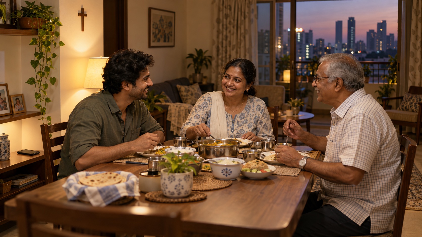 Three adults of different generations talk over a meal in an imagined family apartment, with a small wall cross and city buildings beyond the window.
