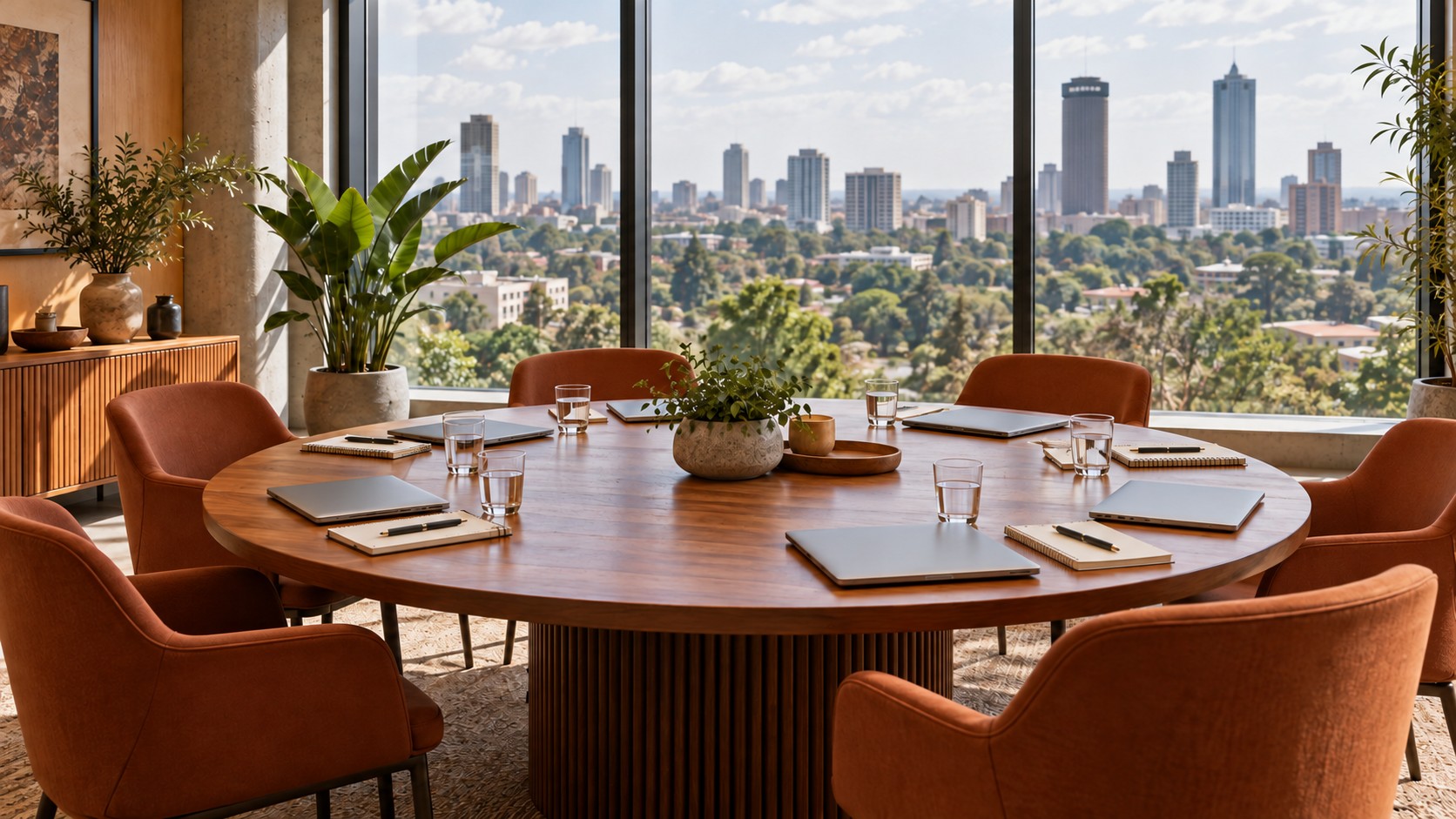 Imagined roundtable meeting room with empty chairs, plain laptops, notebooks and water glasses, overlooking a green urban skyline.
