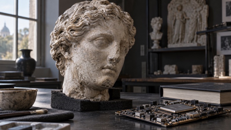 A fictional classical sculpture beside a processor board.