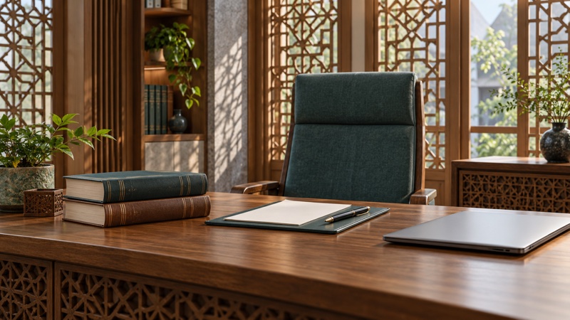 AI-generated imagined judicial research desk with closed legal books, a file, pen and closed laptop beside an empty chair.